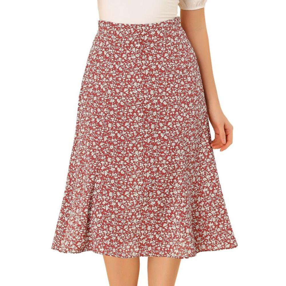 Women Floral Midi Skirt Peasant Elastic Waist A-Line Ditsy Leave Print Red White